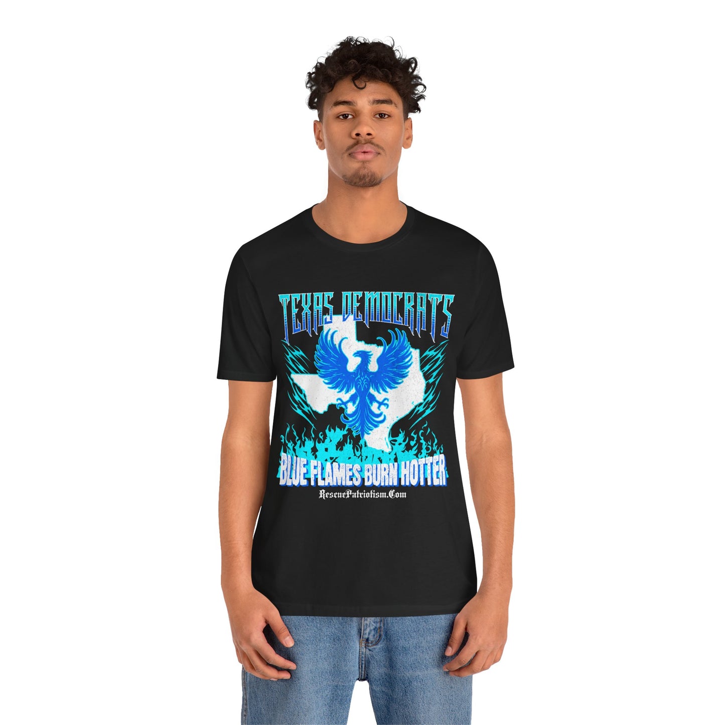 "Texas Democrats - Blue Flames Burn Hotter" Unisex Jersey Short Sleeve Tee