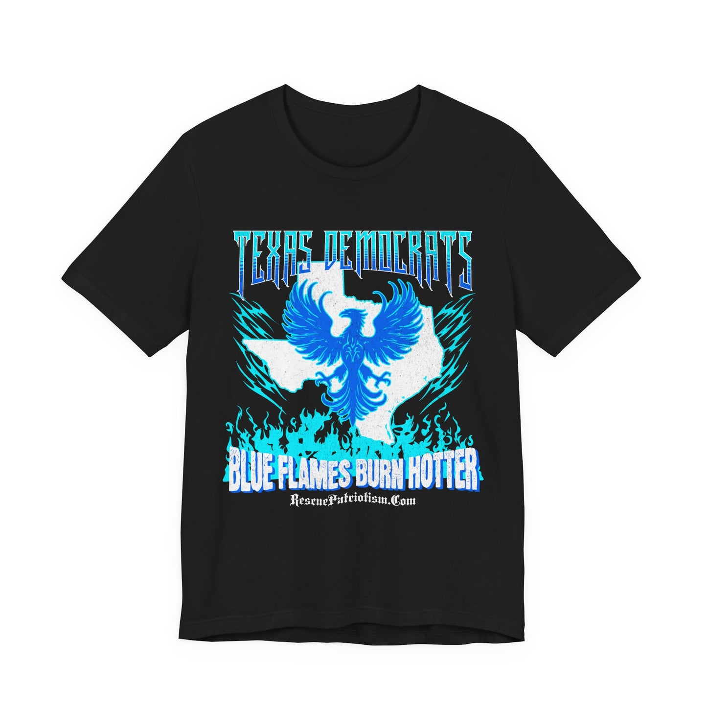 "Texas Democrats - Blue Flames Burn Hotter" Unisex Jersey Short Sleeve Tee