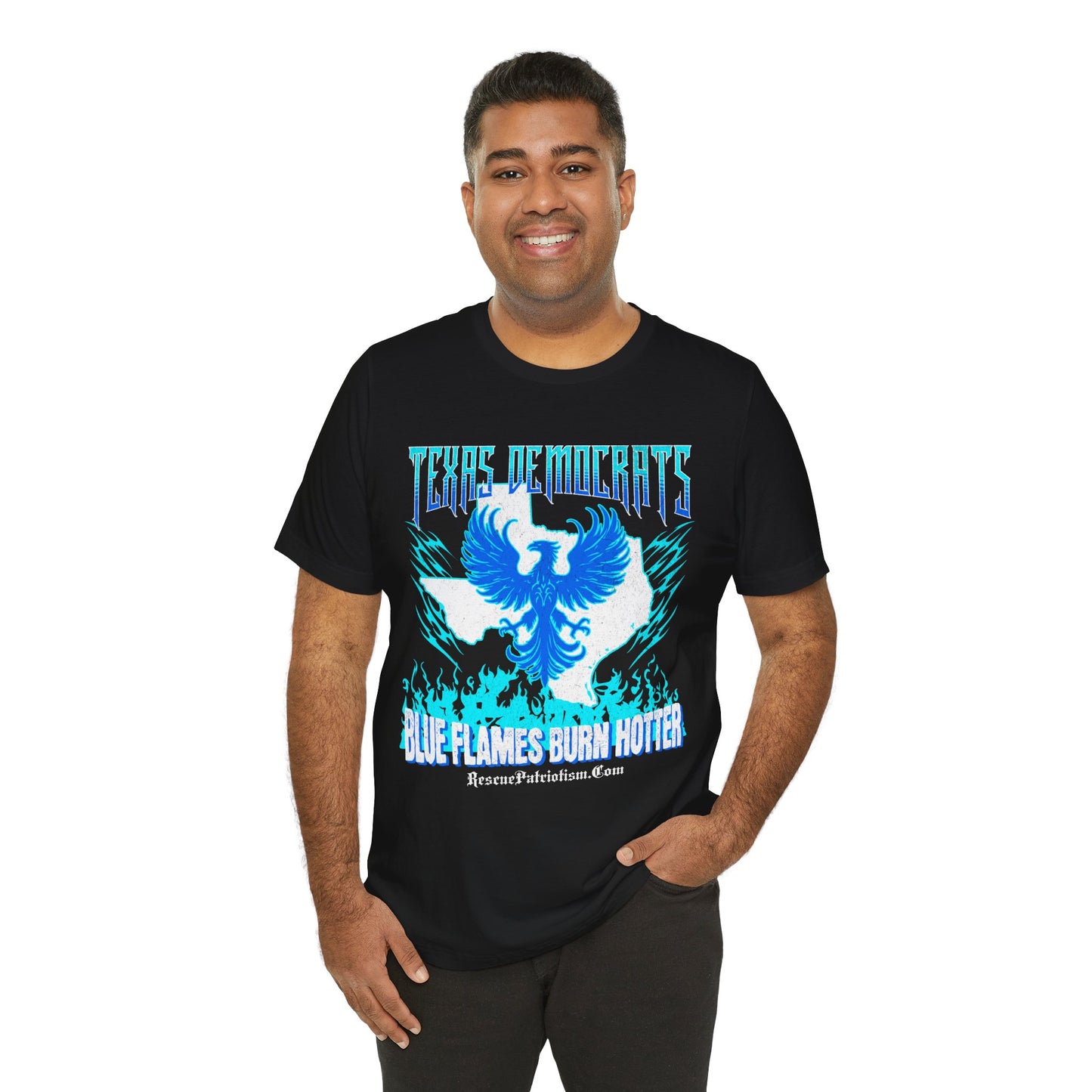 "Texas Democrats - Blue Flames Burn Hotter" Unisex Jersey Short Sleeve Tee