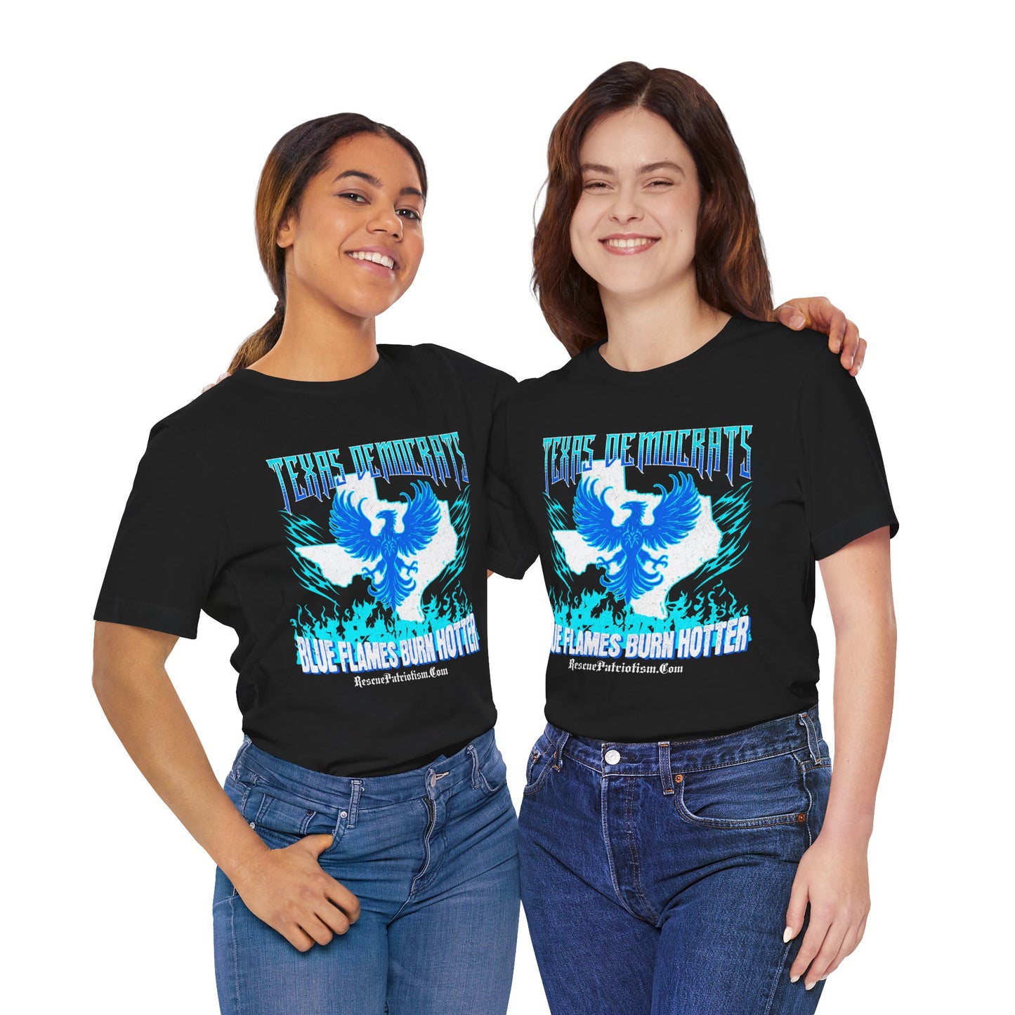 "Texas Democrats - Blue Flames Burn Hotter" Unisex Jersey Short Sleeve Tee