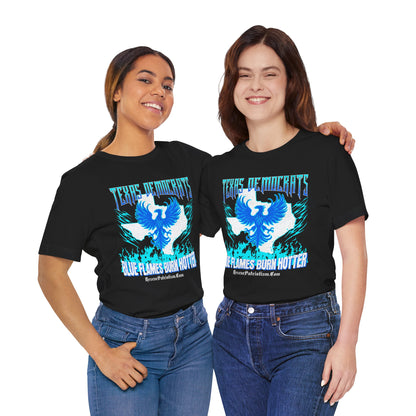 "Texas Democrats - Blue Flames Burn Hotter" Unisex Jersey Short Sleeve Tee